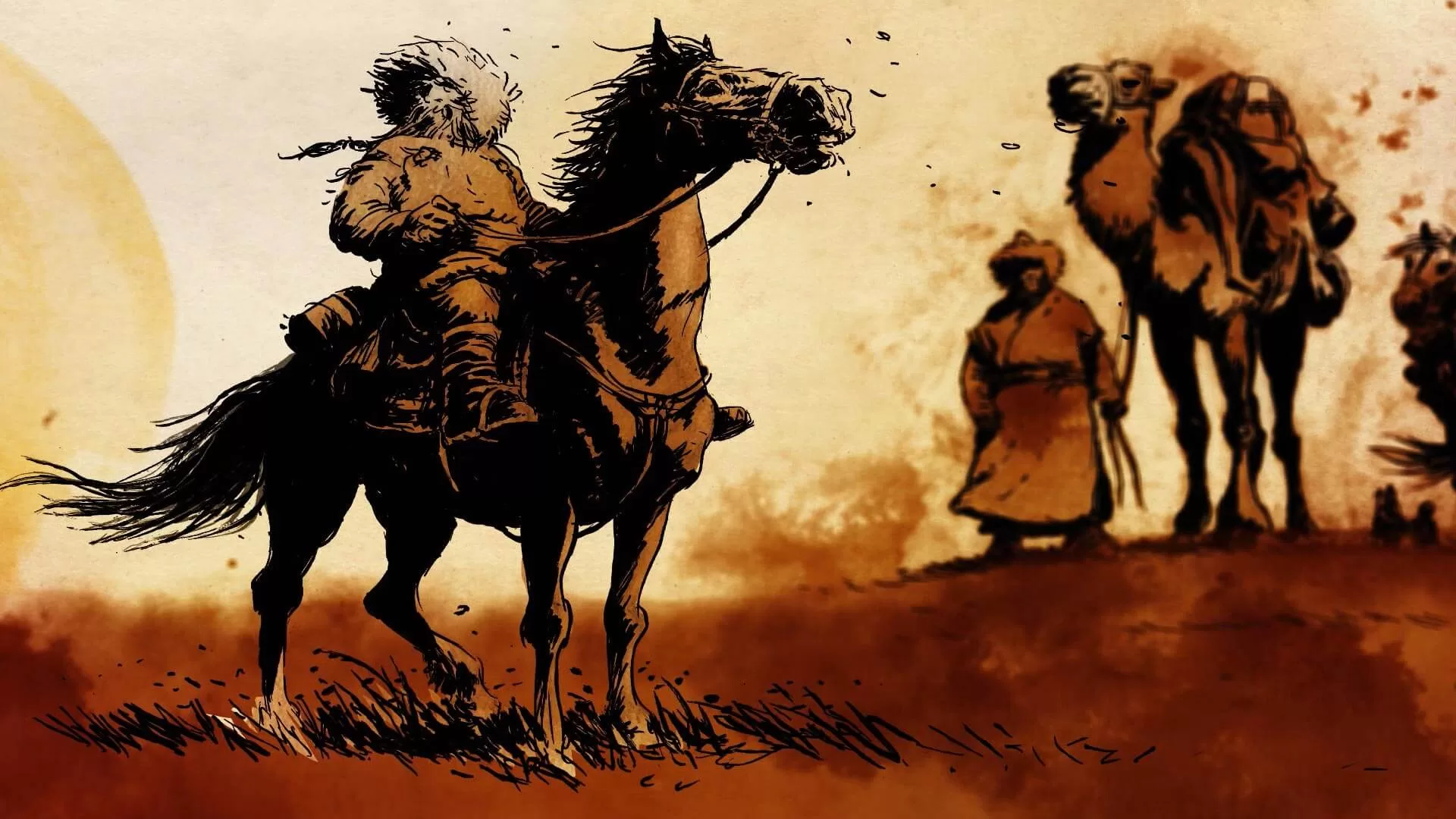 Storyboard karesi örneği: atlı yolcu ve deve kervanı çizimi