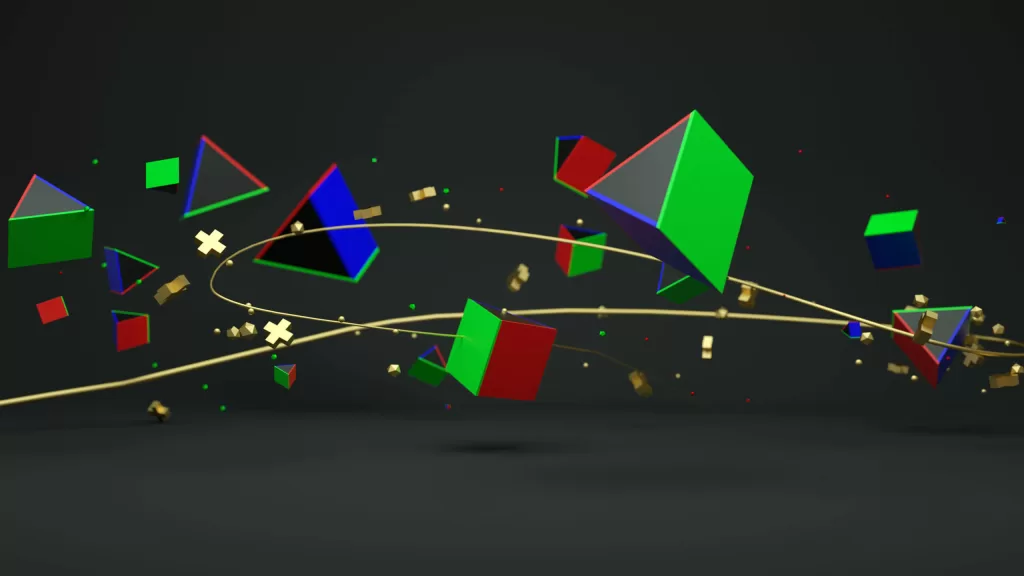 Kırmızı, yeşil ve mavi 3D geometrik şekillerden oluşan Anibu animasyon sahnesi