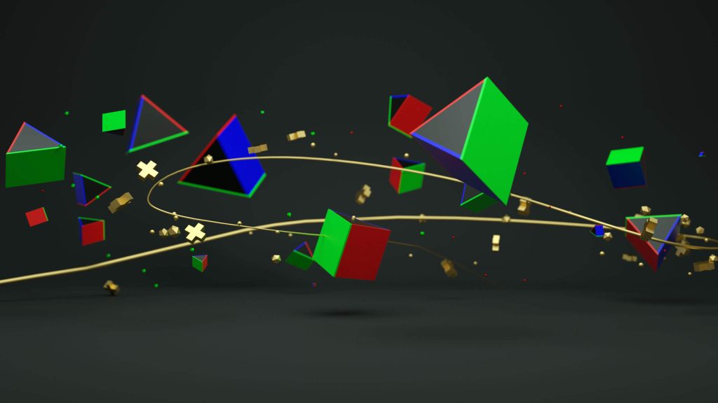 Kırmızı, yeşil ve mavi 3D geometrik şekillerden oluşan Anibu animasyon sahnesi