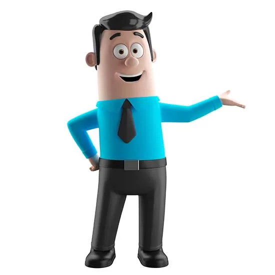 3D marka karakteri: eliyle yanını gösteren maskot pozu